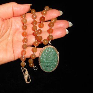 MCM Chinese Export Plished Carnelian Beads with Carved Jade Pendant